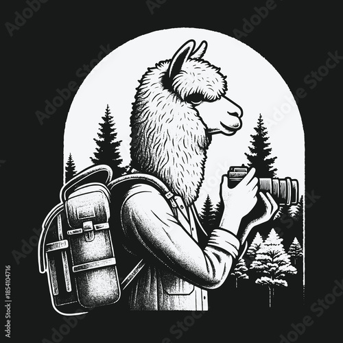 Adventurous Llama Photographer Capturing Nature in the Forest.