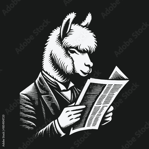 An elegant anthropomorphic llama gentleman reading the daily newspaper.