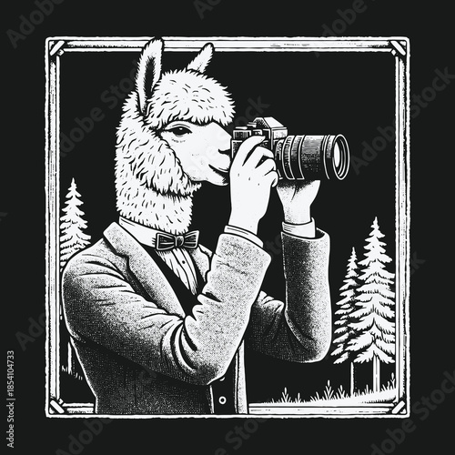 Dapper Alpaca Photographer Capturing Nature in a Vintage Illustration.