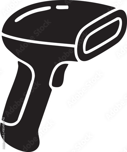 Black handheld barcode scanner icon on white background technology device