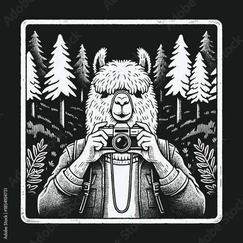 Vintage Hand Drawn Illustration of a Llama Photographer in the Forest.
