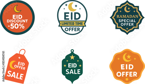 Eid Sale and Discount Badge Vector Set with Crescent Moon, Islamic Festival Offer Labels