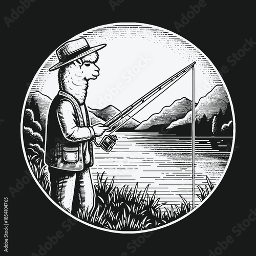 Vintage hand drawn illustration of an anthropomorphic alpaca fishing by a lake.