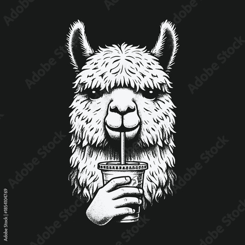 Cool Llama Character Sipping a Drink with a Human Hand.