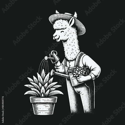 Charming Alpaca Gardener Tending to a Potted Plant Illustration.