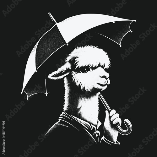 A Dapper Alpaca Gentleman Holding an Umbrella in Black and White.