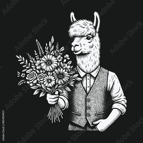 Well dressed llama presenting a beautiful bouquet of mixed flowers.