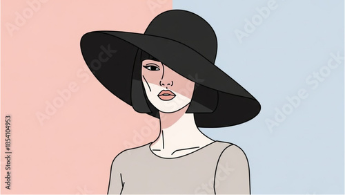 Illustration of a woman wearing a black hat on a pastel background