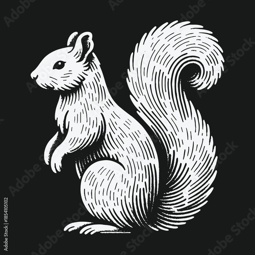 Vintage squirrel illustration in a classic woodcut style.