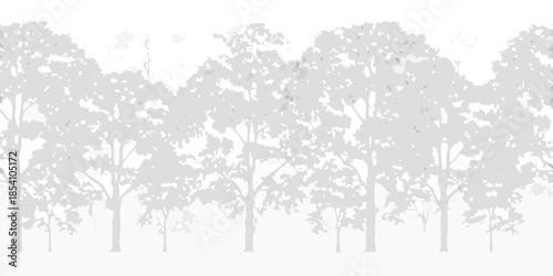 A grayscale silhouette of a dense forest with tall trees and foliage