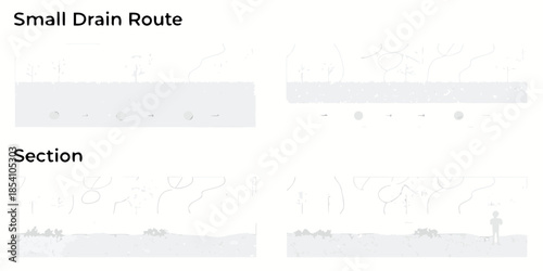 Architectural plan depicting a small drain route and section view