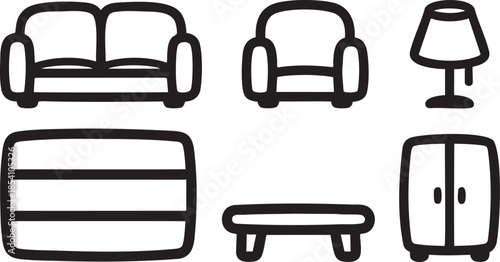 Black outline of sofa armchair lamp dresser coffee table wardrobe