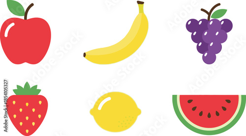 Minimalist flat design set of 6 fruit icons apple banana grapes strawberry lemon and watermelon slice
