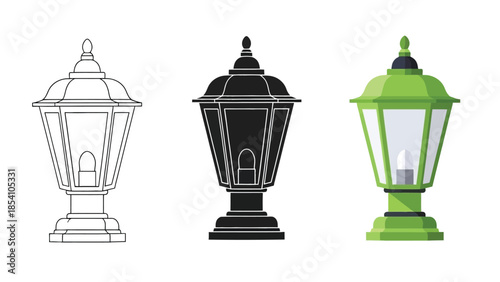 Vintage Street Lamp Vector Set for Urban Lighting and Classic City Decoration in Line, Silhouette and Color Style
