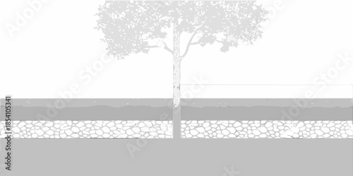 A solitary tree stands before a textured landscape in grayscale tones