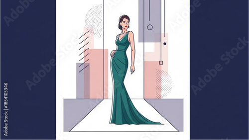 A woman in a long green dress standing in a modern doorway