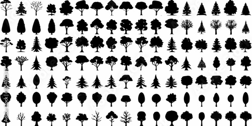 A diverse collection of black silhouette trees in various shapes and sizes