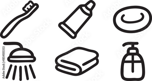 Black outline of toothbrush toothpaste soap shower towel and dispenser tube