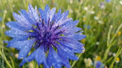 Close-up Of A Single Blue Cornflower Covered In Morning Dew In A Field Of Wildflowers With Soft Sunlight