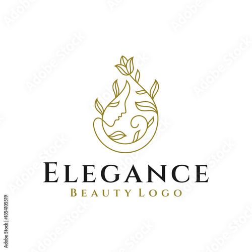 A beautiful woman logo design featuring water drops and leaves in one shape. A vector icon for natural women's health and beauty.