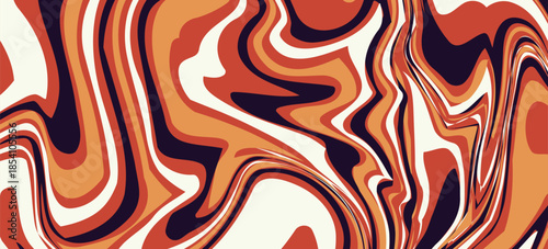 An abstract liquid marble texture. The design features a swirling pattern of intermingling colors, primarily shades of orange, brown, beige, and a very dark, almost black, purple. eps 10 vector
