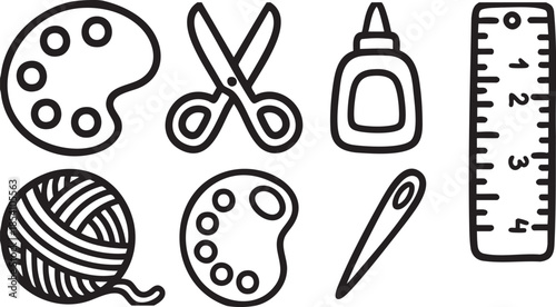 Black outline supplies including paint palettes scissors glue bottle yarn ball needle and ruler