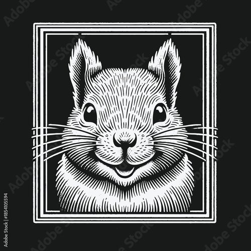 Black and white engraving style squirrel portrait illustration.