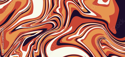 An abstract liquid marble texture. The design features a swirling pattern of intermingling colors, primarily shades of orange, brown, beige, and a very dark, almost black, purple.