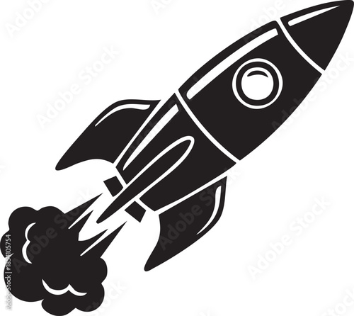 Black rocket ship blasting off with smoke trail against white background spaceship launch