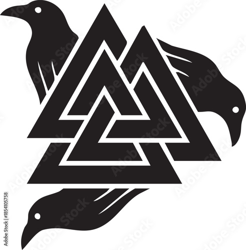 Black Ravens Surrounding Interlocking Triangle Symbol on White Background crow bird