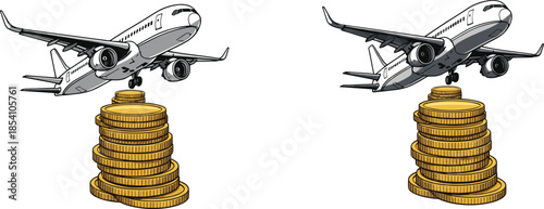 Airplane over gold coins, aviation cost concept, airline revenue, flight pricing, travel economy, financial comparison, aircraft value, ticket expense