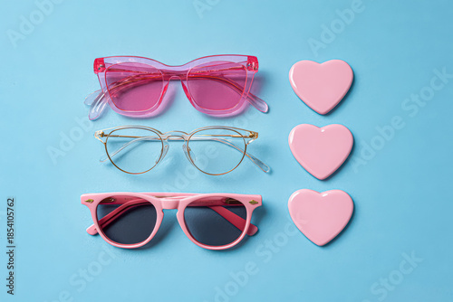 Stylish Sunglasses and Heart Shaped Accessories on Blue Background