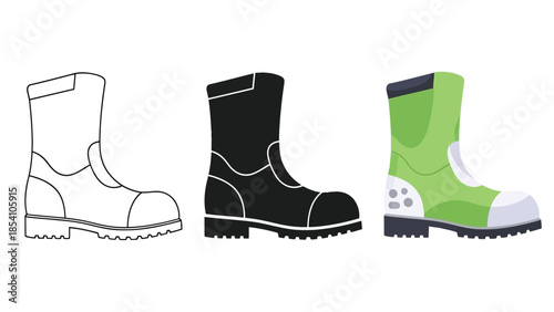 Work Boot Vector Set for Safety, Construction and Industrial Footwear in Line, Silhouette and Color Style