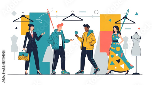 People walking in a fashion store with clothing racks and mannequins around them