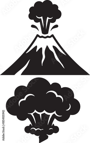 Black silhouette icons of a volcano erupting and an explosion cloud eruption smoke