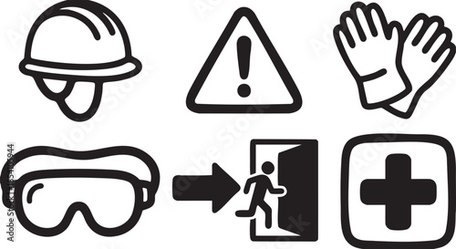 Black safety including hard hat goggles gloves warning sign exit and medical cross helmet