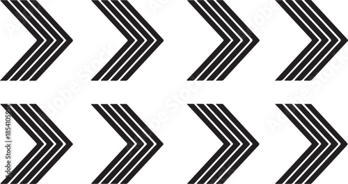 Set of Eight Black Chevron Arrows with Modern Striped Patterns for Directional and Navigational Design Elements