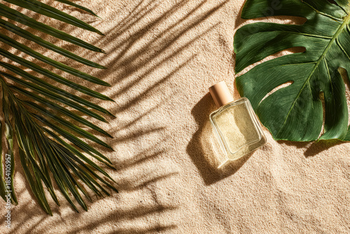 Elegant Perfume Bottle Surrounded by Tropical Leaves