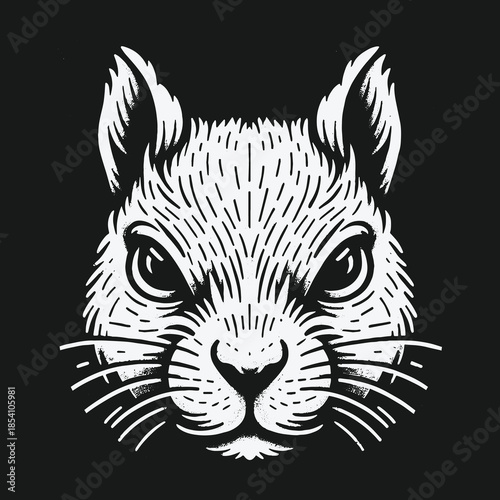 Monochrome squirrel head illustration on a black background.