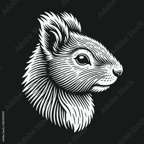 Vintage squirrel head illustration in a classic engraving style.