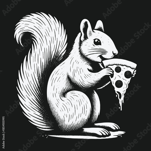 A humorous black and white illustration of a squirrel eating pizza.