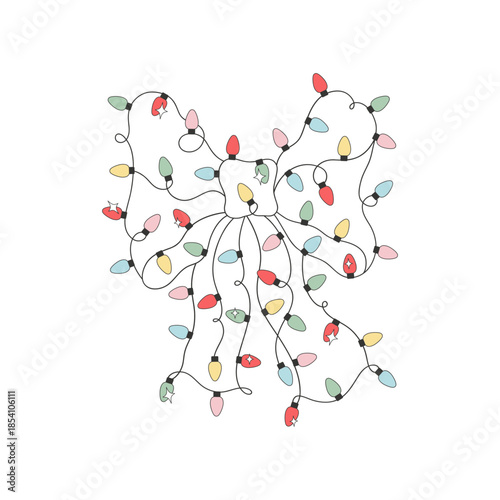 Preppy Coquette Christmas Light Bow Clip art. Cute Girlie Holiday Festive Bow Illustration isolated on white