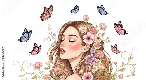 Beautiful Woman Portrait with Floral Hair and Butterflies Spring Summer Beauty and Wellness Digital Art Illustration