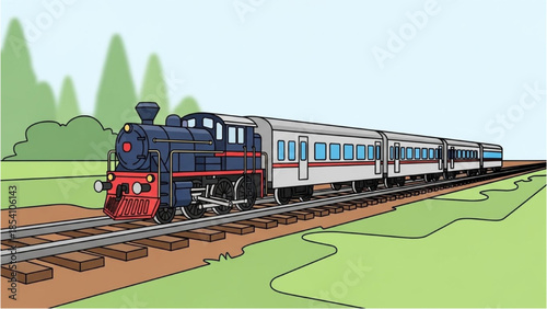 Vintage Train Traveling Through Lush Green Landscape on Railway Tracks