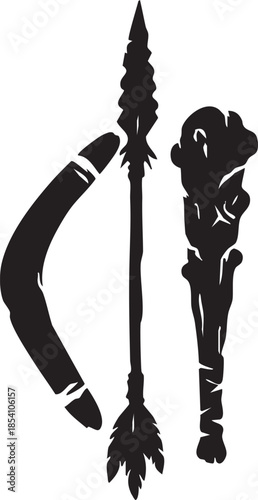 Black silhouette of a boomerang spear and club on white background ancient weapon