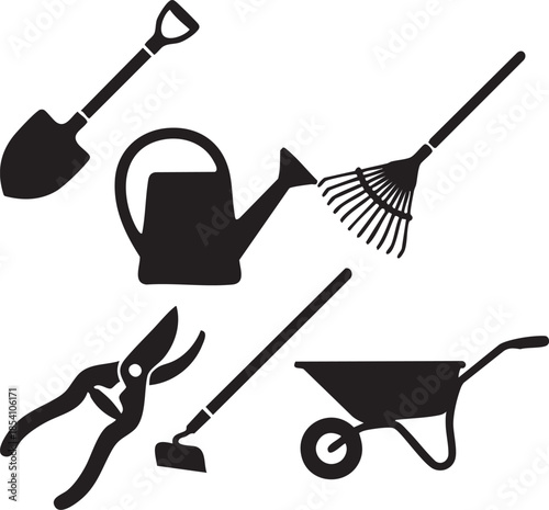 Black silhouette icons of gardening tools including shovel watering can rake shears hoe and wheelbarrow