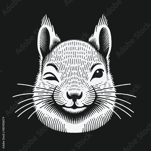 Cute winking squirrel head in a vintage engraving style.
