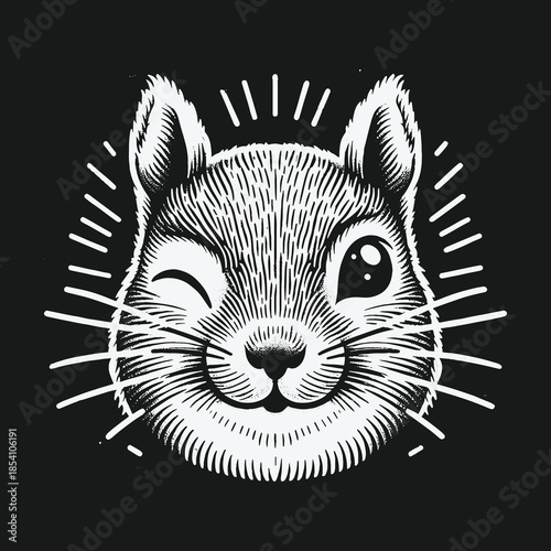 Happy winking squirrel face in retro woodcut style.