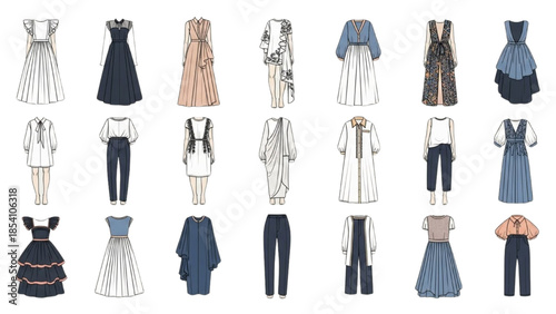 Collection of various clothing items and accessories displayed against a white background