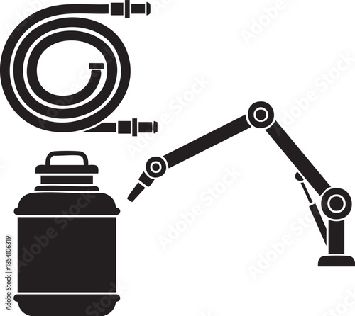 Black silhouette of a coiled hose and robotic arm near a container vector